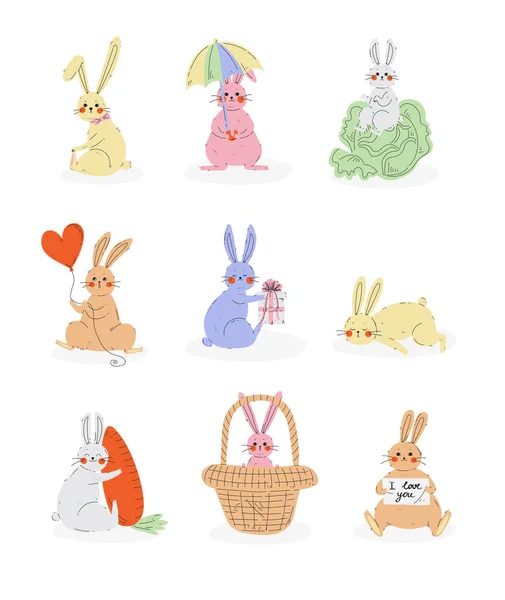 Schöne niedliche Hasen Set, süße Kaninchen Zeichen in verschiedenen Posen und Ausdruck Vektor Illustration — Stockvektor