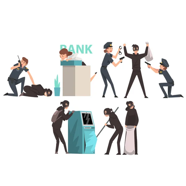 Bank Robbery Set, Armed Masked Burglars Stealing Money from ATM, Police Arresting Criminals Vector Illustration — Stock Vector