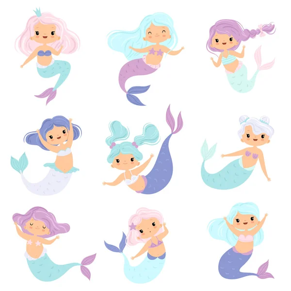 可爱的小美人鱼的集合, 可爱的童话女孩公主美人鱼人物向量插图 — 图库矢量图片