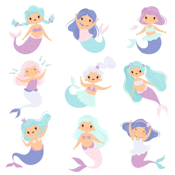Conjunto de sereias pequenas bonitos, linda menina conto de fadas Princesa Sereia Personagens Vector Ilustração — Vetor de Stock