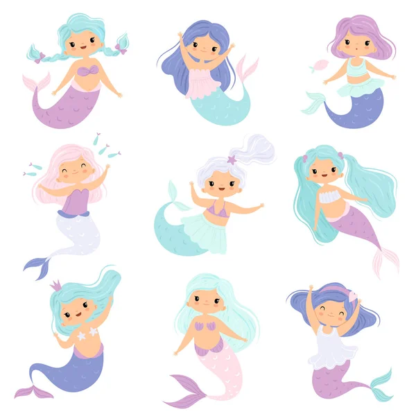 Lindo conjunto de sirenas, encantador cuento de hadas princesa princesa sirena personajes vectorial ilustración — Archivo Imágenes Vectoriales