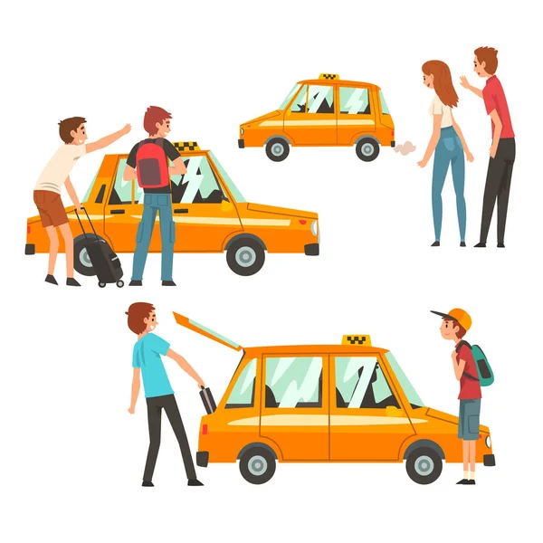 Servizio Taxi Set, Clienti che salutano di taxi, l'uomo mettendo i bagagli in auto vettoriale Illustrazione — Vettoriale Stock