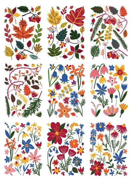 Çiçek desenleri kümesi, renkli bahar ya da yaz bitkiler vektör çizim — Stok Vektör