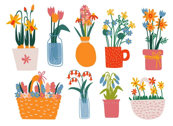Barevné jarní květiny ve vázách nachází, kytice ve skleněné, keramické vázy, květináče, koš vektorové ilustrace — Stockový vektor