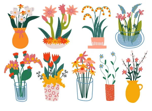 Krásné jarní květiny ve vázách hrnkové rostliny Set, kytice ve skleněné a keramické vázy vektorové ilustrace — Stockový vektor