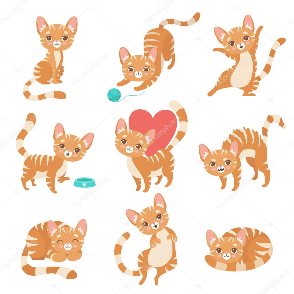 Cute Funny Red Cat Character in Various Poses and Situations Set Vector Illustration