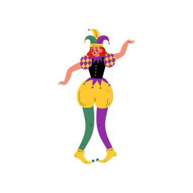 Parlak geleneksel Mardi Gras kostüm ve karnaval parti vektör çizim kutluyor şakacı şapkalar giyen güzel genç kadın