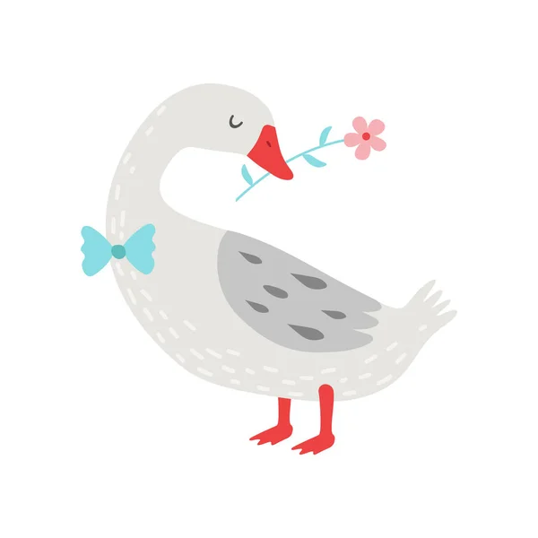 可爱的白鹅持有花在它的嘴向量插图, 鸟卡通字符穿弓领带向量插图 — 图库矢量图片