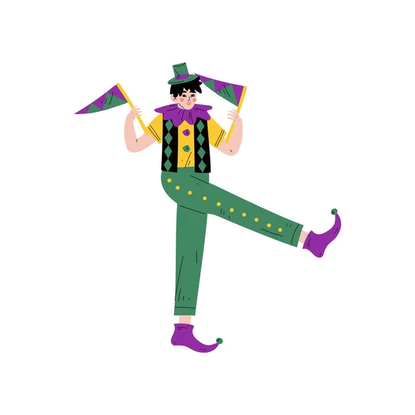 Hombre en traje de Mardi Gras tradicional brillante celebrando carnaval con banderas de fiesta Vector Ilustración — Archivo Imágenes Vectoriales