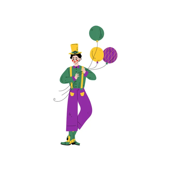 Young Man in Bright Traditional Mardi Gras Costume Celebrating Carnival Party with Balloons Vector Illustration — Stock Vector