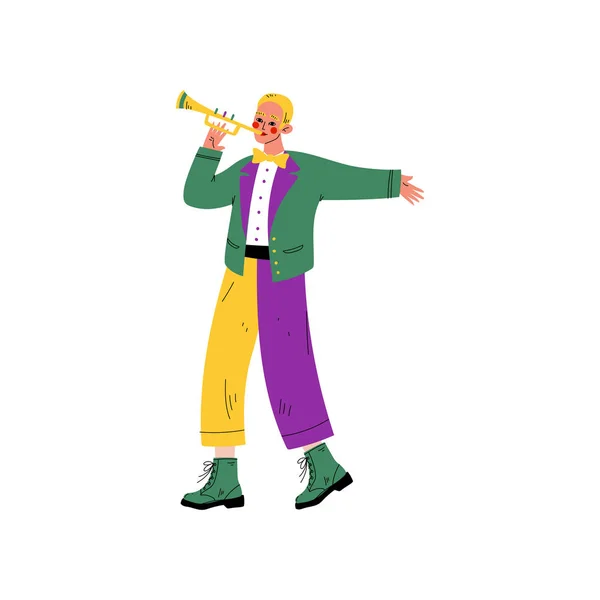 Young Man in Bright Traditional Mardi Gras Costume Playing Trumpet, Guy Celebrating Carnival Party Vector Illustration — Stock Vector