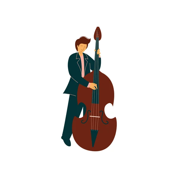 Young Man Playing Double Bass, Male Musicain Playing Classical Music Vector Illustration — Stock Vector