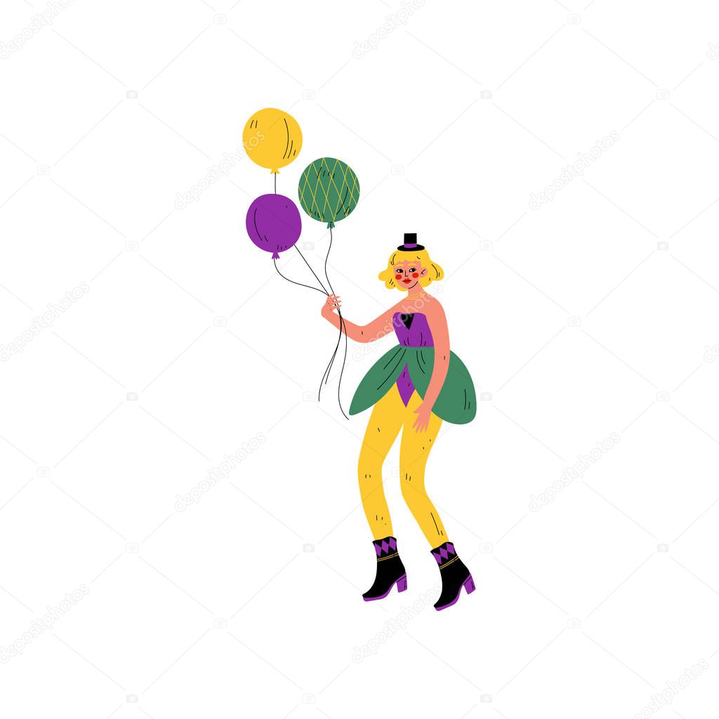 Beautiful Young Woman in Bright Traditional Mardi Gras Costume Celebrating Carnival Party with Balloons Vector Illustration