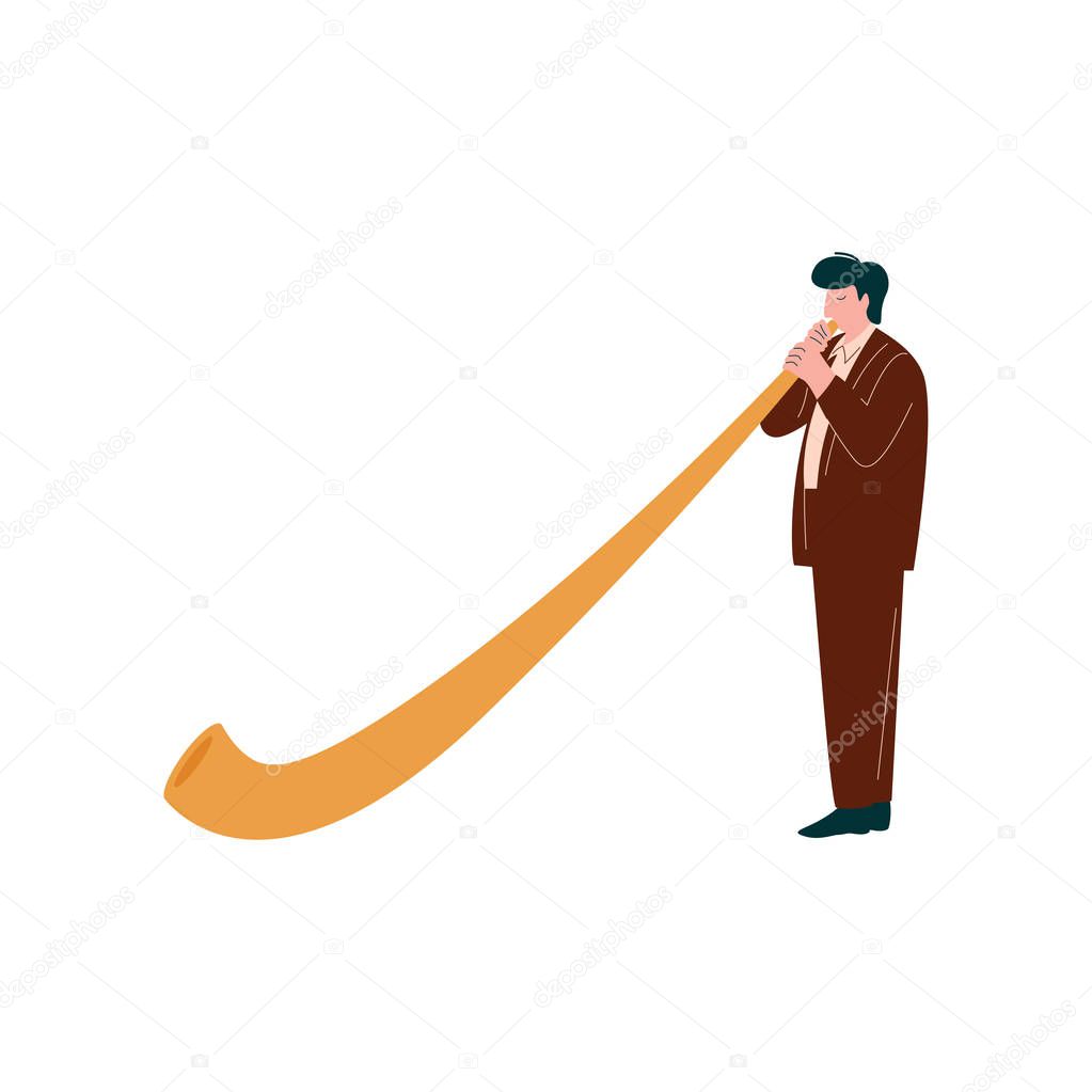 Man Playing Traditional Alpine Horn, Musician Playing Woodwind Instrument Vector Illustration