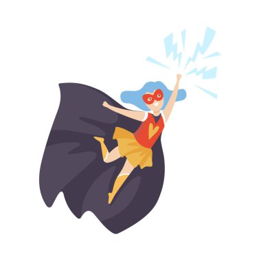 Kız giyiyor süper kahraman kostümü, şirin süper çocuk karakterimde maskesi ve siyah pelerin vektör çizim