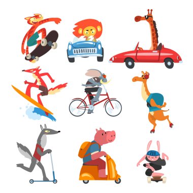 Çeşitli araçlar, kedi, aslan, zürafa, tavşan, deve, kurt, domuz, arabalar, kaykaylar, tekme scooter, sörf tahtası vektör çizim ile kullanılarak komik hayvan karakterler topluluğu