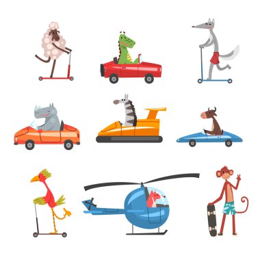 Araçlar, tavşan, ejderha, su aygırı, Zebra, inek, kuş, Fox, maymun türleri üzerinde otomobil, kaykaylar, tekme scooter, helikopter vektör çizim kullanarak komik hayvan karakterler topluluğu