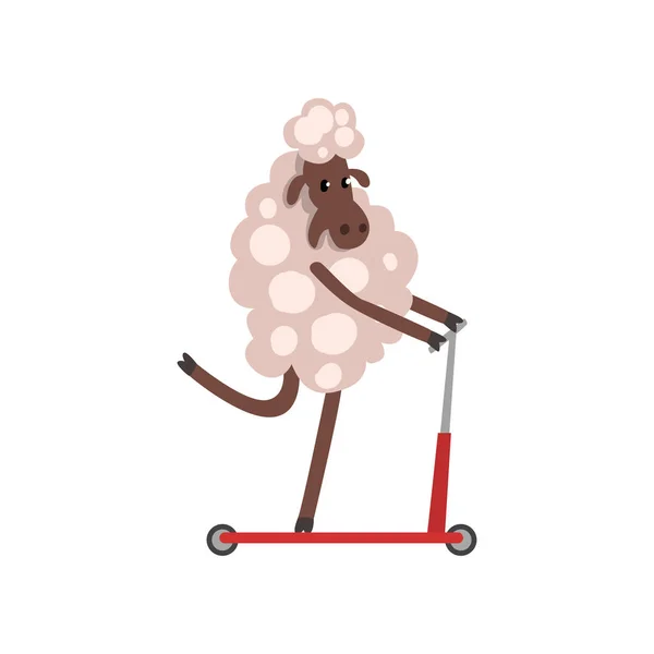 Furry Sheep Riding Kick Scooter, Adorable Animal Character Using Vehicle Vector Illustration — Stock Vector