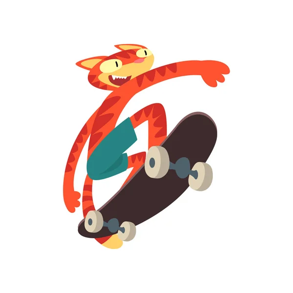 Red Cat Riding Skateboard, Funny Animal Character Using Vehicle Vector Illustration — Stock Vector