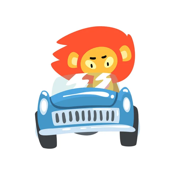 Lion Driving Blue Car, Wild Animal Character Using Vehicle Vector Illustration — Stock Vector