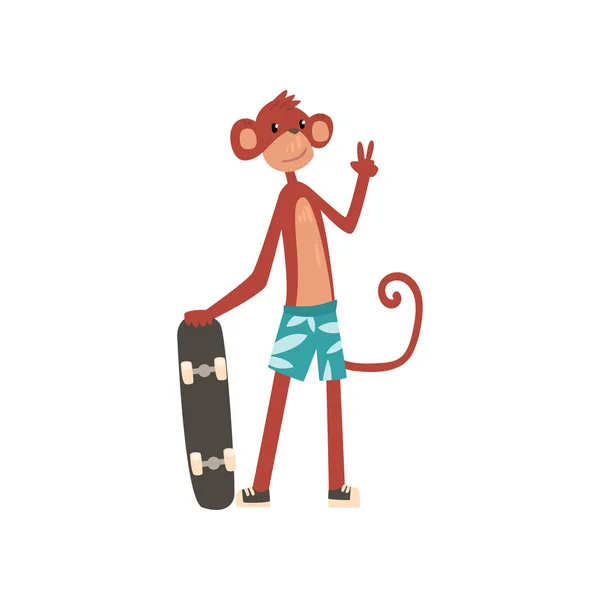 Opice s Skateboard, legrační zvířecí charakter používání vozidla vektorové ilustrace — Stockový vektor