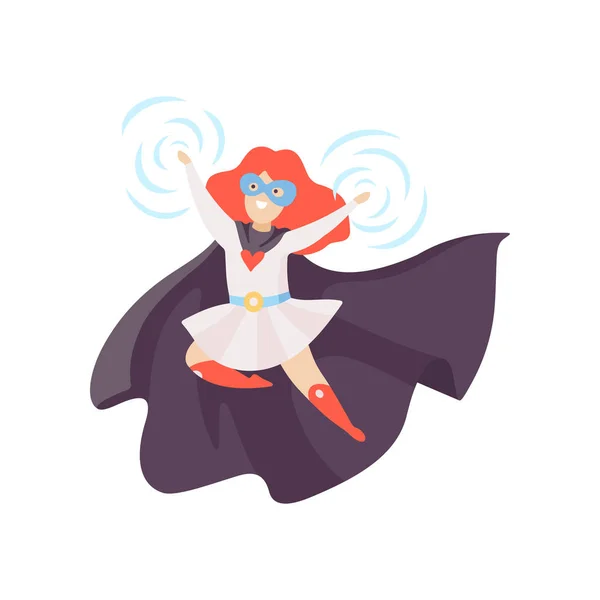 Roztomilá zrzka dívka, která nosí kostým superhrdina, Super dítě znak v masce a černou Cape vektorové ilustrace — Stockový vektor