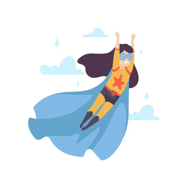 Linda chica con traje de superhéroe, personaje de niño estupendo en máscara azul e ilustración vectorial de Cape Flying — Vector de stock