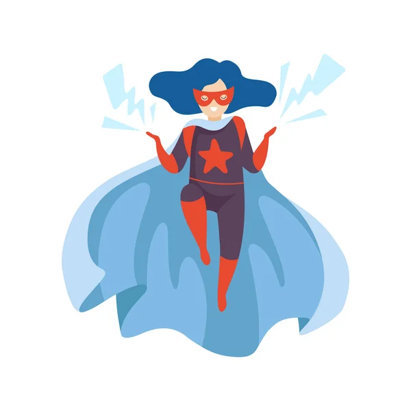 Linda chica con traje de superhéroe, personaje de Super Niño en máscara y cabo azul con rayos Vector Ilustración — Vector de stock