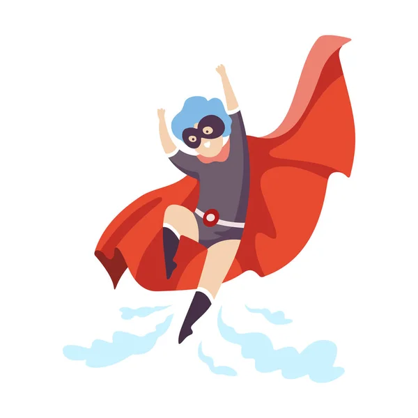 Menino bonito vestindo traje de super-herói voando, personagem de criança super na máscara e ilustração do vetor do cabo vermelho — Vetor de Stock
