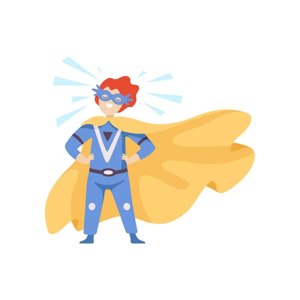 Garçon portant un costume de super-héros bleu debout dans une posture héroïque, personnage super enfant dans un masque et illustration vectorielle du cap d'or — Image vectorielle