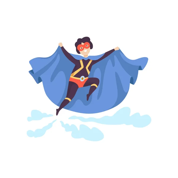 Lächelnder Junge im bunten Superheldenkostüm, Superkinderfigur in Maske und blauem Umhang — Stockvektor