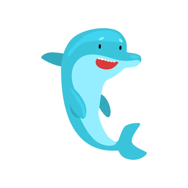 Delfino che salta felicemente fuori dall'acqua, illustrazione vettoriale del personaggio animale marino del fumetto — Vettoriale Stock