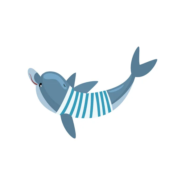 Nuoto dei delfini Waring Nautical Frock, Cartoon Sea Animal Character Vector Illustration — Vettoriale Stock