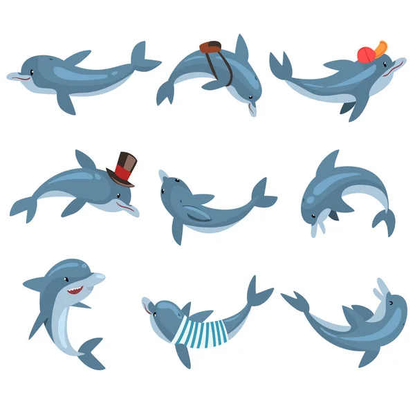 Ensemble de dauphins mignons, personnages d'animaux de mer de bande dessinée dans différentes illustrations vectorielles de pose — Image vectorielle