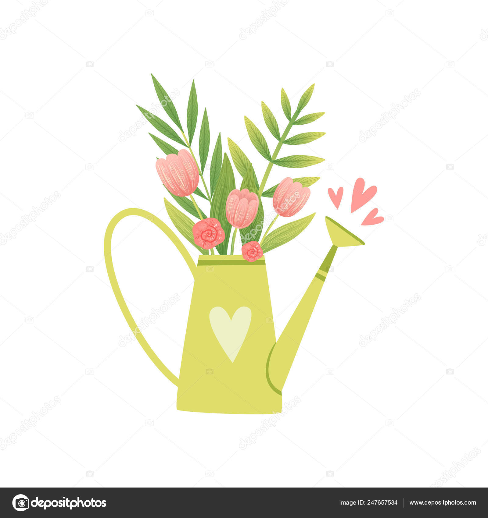 Bouquet Of Pink Tulips In Vase In Form Of Watering Can Hello