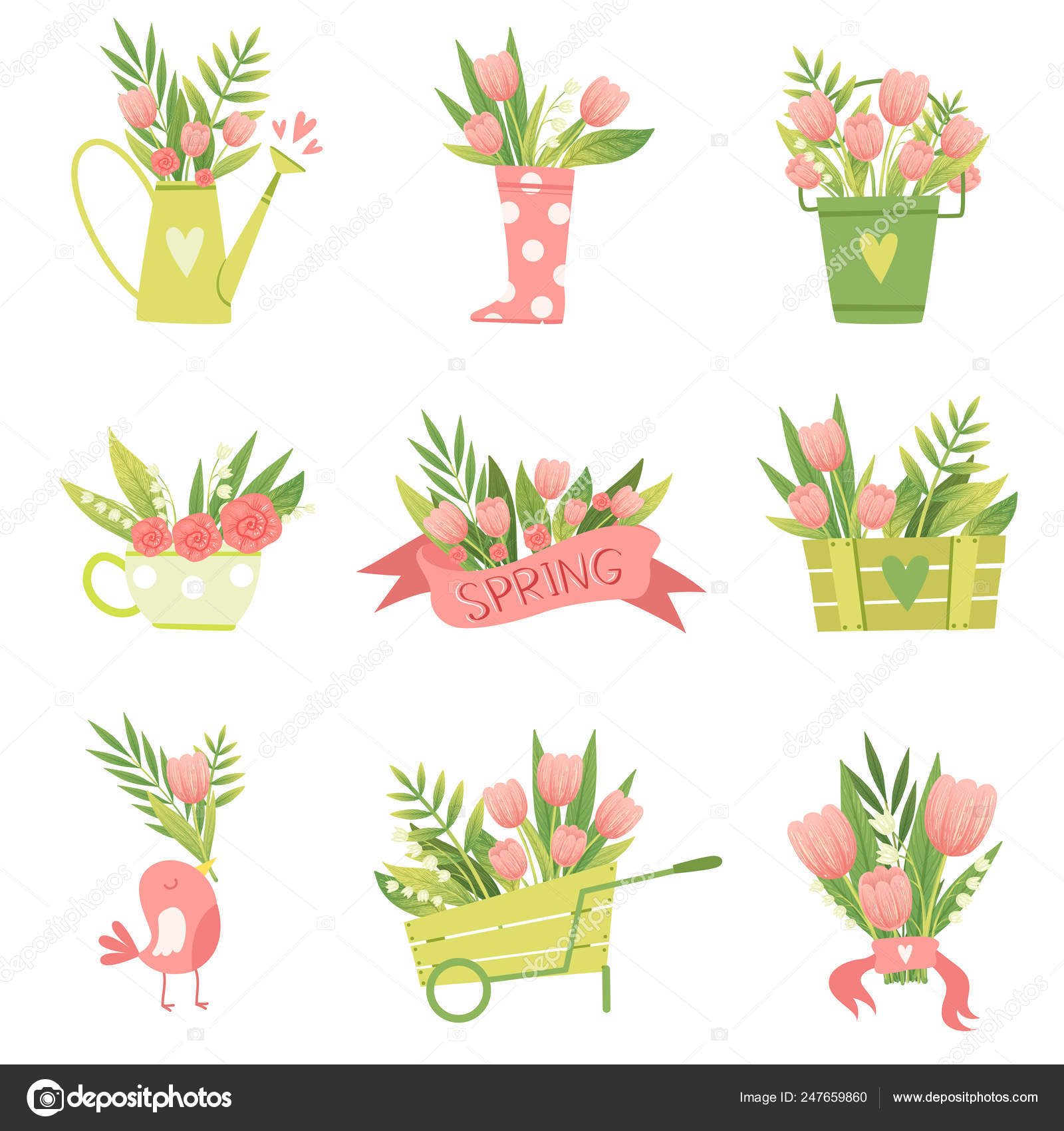 Bouquets Of Flowers In Vases And Pots Of Various Shapes Set Hello