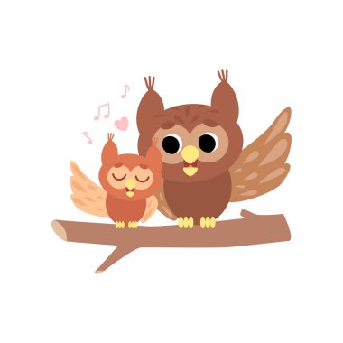 Onun Owlet, beyaz arka plan üzerinde şirin orman kuşları aile vektör çizim ile anne baykuş. Vektör çizim