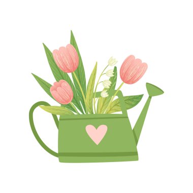 Yeşil sulama olabilir, Merhaba bahar çiçek tasarım şablonu vektör çizim Lale buketi