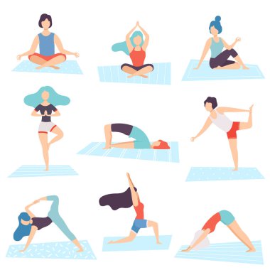 Yoga konumlarda insanlar ayarla, erkek ve kadın Asana pratik ve Yoga egzersizleri yapmak illüstrasyon vektör