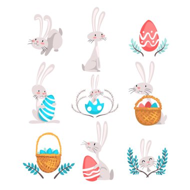 Sevimli tavşanlar ve yumurta, Mutlu Paskalyalar, sevimli gri komik hayvanlar vektör çizim topluluğu
