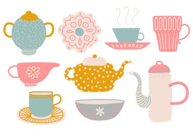 Şirin çay seti, çay partisi öğelerine çaydanlık, çay fincanı, uçan daire, sürahi süt ve peçete vektör çizim