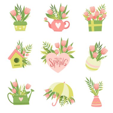 Pembe çiçek, Merhaba bahar çiçek tasarım şablonu vektör çizim demetleri topluluğu