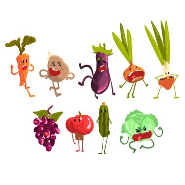 Sevimli artoon meyve ve sebze küme, eko gıda karakterler komik yüzler vektör çizim ile