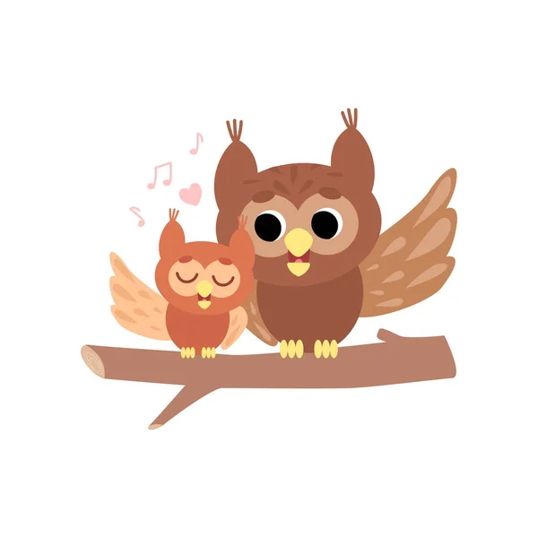 Mother Owl with Its Owlet, Cute Forest Birds Family Vector Illustration (em inglês). Ilustração vetorial — Vetor de Stock