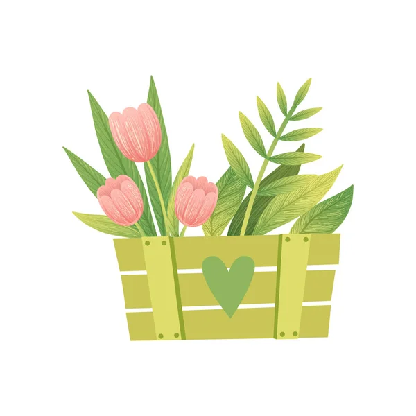 Bouquet of Pink Tulips with Leaves in Green Wooden Box, Hello Spring Floral Design Template Vector Illustration — Stock Vector