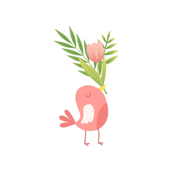 かわいい鳥のくちばし、こんにちは春花のデザイン テンプレート ベクトル図でピンクのチューリップの花の花束を保持 — ストックベクタ