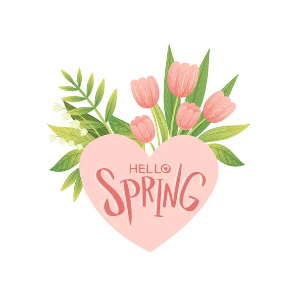 Boeket van roze tulp bloemen en hart, boeket van roze bloemen Hello Spring bloemdessin sjabloon vectorillustratie — Stockvector