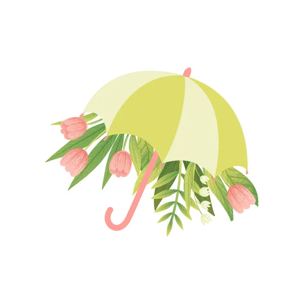 Bukiet kwiatów tulipan różowy i zielony parasol, Przywitaj wiosnę kwiatowy wzór szablon wektor ilustracja — Wektor stockowy