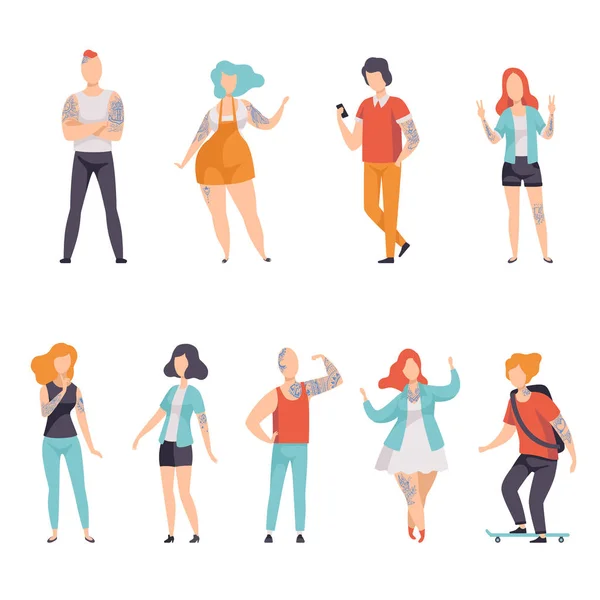 Modern People with Tattoos Set, Men and Women with Tattoos on Different Parts of Body Vector Illustration - Stok Vektor