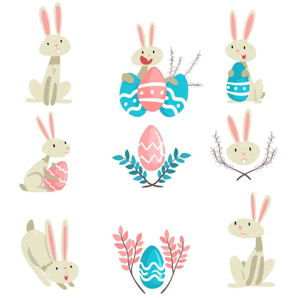 Collection of Cute Bunnies and Colorful Eggs, Happy Easter, Adorable Funny Animals Vector Illustration — Stock Vector